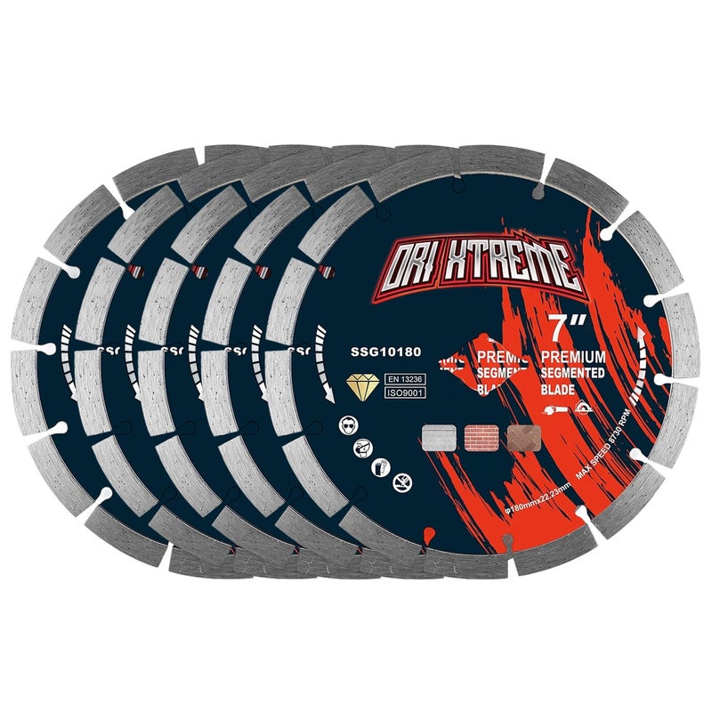 ORIXTREME 7 Inch Diamond Saw Blade 5Pcs, Segmented General Purpose Blade Dry/Wet Cutting Concrete, Masonry, Brick, Block,7/8"-5/8” Arbor - Image 1